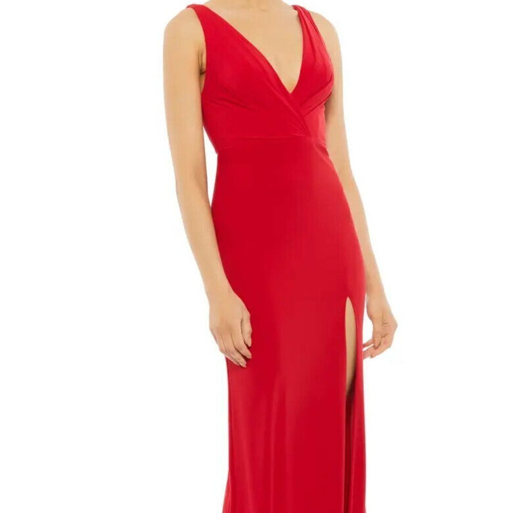 Mac Duggal Red V-Neck Cowl Back Surplice Knit Gown